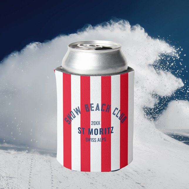 Snow Beach Club Red Cabana Stripe Winter  Can Cooler (Creator Uploaded)
