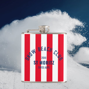 Snow Beach Club Red Cabana Stripe Winter Party Hip Flask