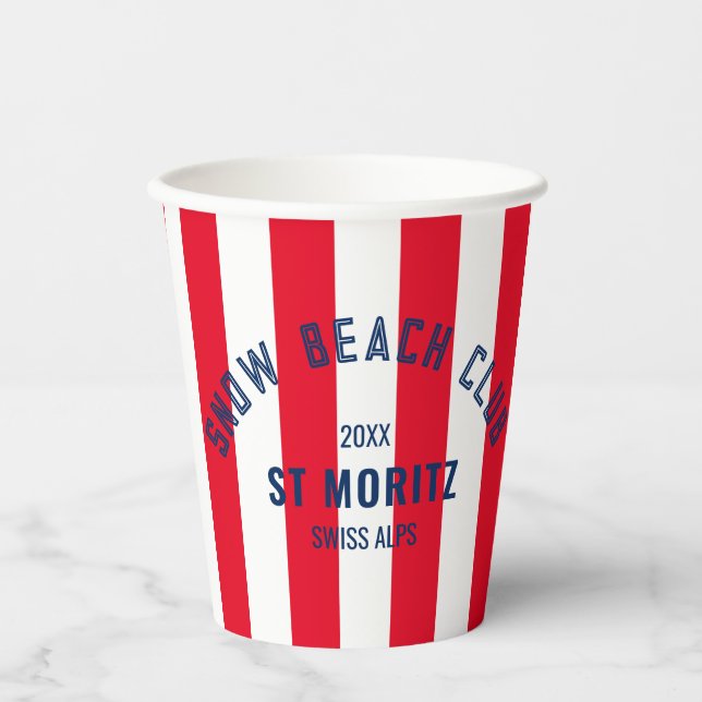 Snow Beach Club Red Cabana Stripe Winter Party Paper Cups (Front)