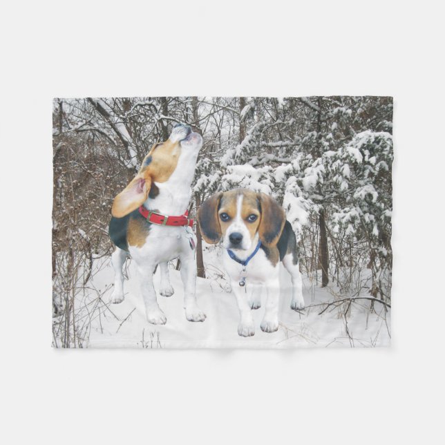 Snow Beagle Pups Fleece Blanket (Front (Horizontal))