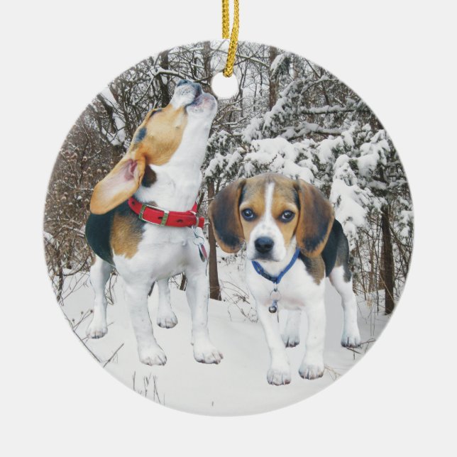 Snow Beagle Pups In Woods Christmas Ornament (Front)