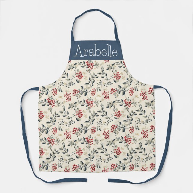 Snow Berries and Teal Grey Leaf Apron (Front)