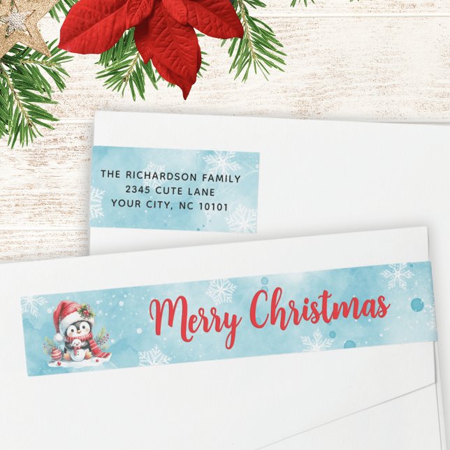 Snow Blue and Red Penguin Merry Christmas Address Wrap Around Label (Creator Uploaded)