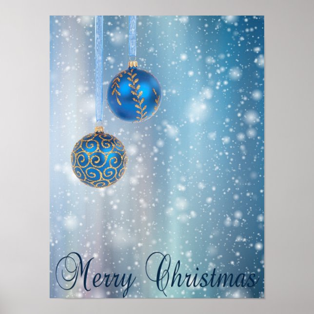Snow Blue Bokeh Ornaments Christmas  Poster (Front)