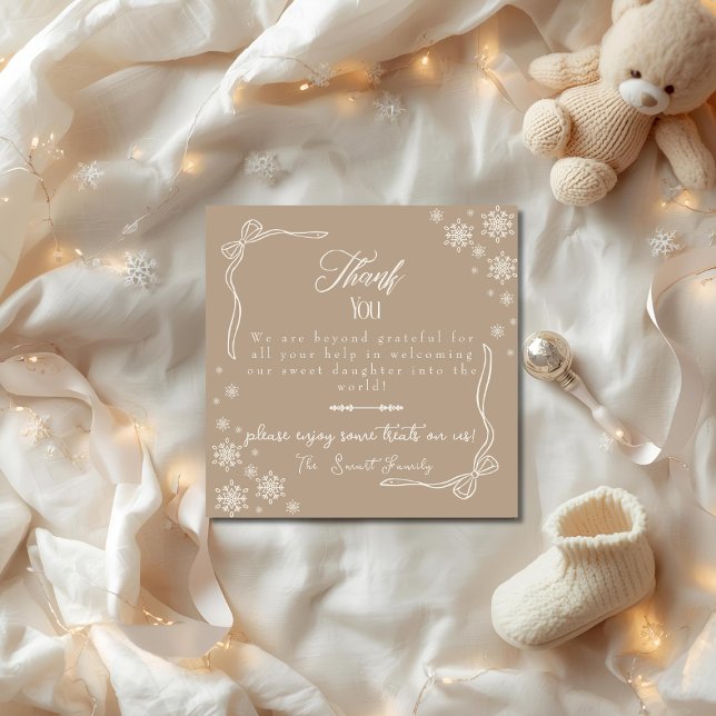 Snow Bow Taupe baby Labour  Delivery NICU Hospital Thank You Card (Snow Bow Taupe baby Labor Delivery NICU Hospital Thank You Card)
