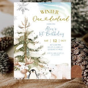 Snow Boy Winter Arctic Animal First Birthday Invitation