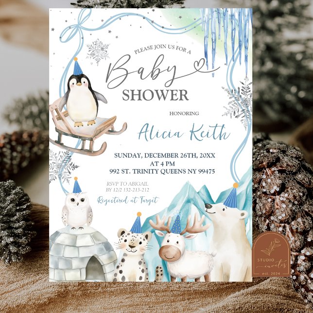 Snow Boy Winter Arctic Animals Baby Shower Invitation (Creator Uploaded)
