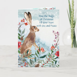 Snow Bunny Blue Modern Floral Watercolor Painting Holiday Card