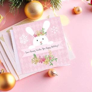 Snow Bunny Pink Gold Poinsettia Hoppy Holiday Card