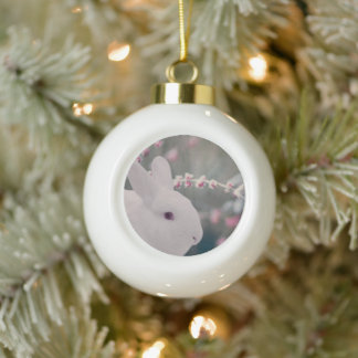 Snow Bunny with Frosted Berries Ceramic Ball Christmas Ornament