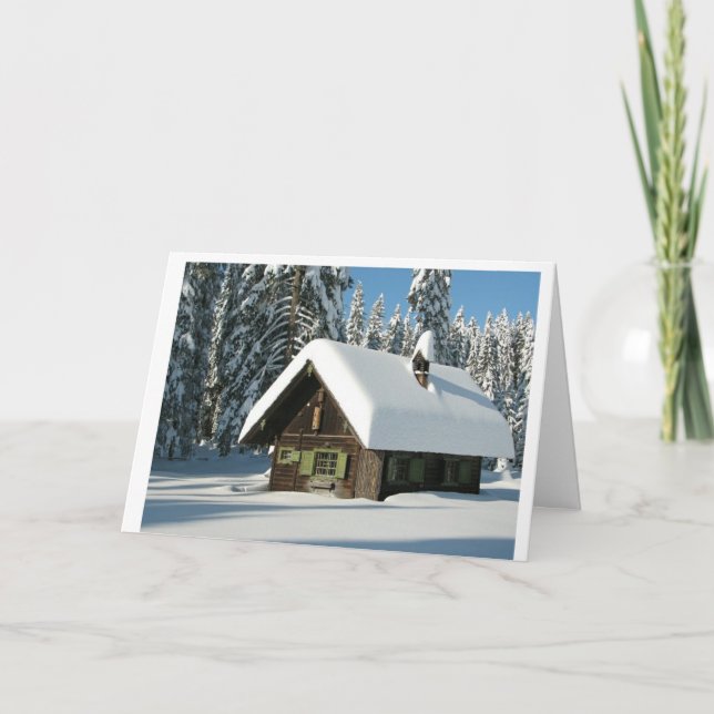 Snow Cabin Christmas Card. Holiday Card (Front)