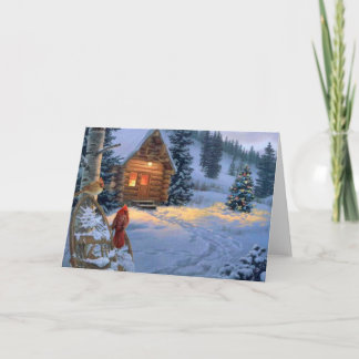 Snow Cabin With Christmas Birds Holiday Card