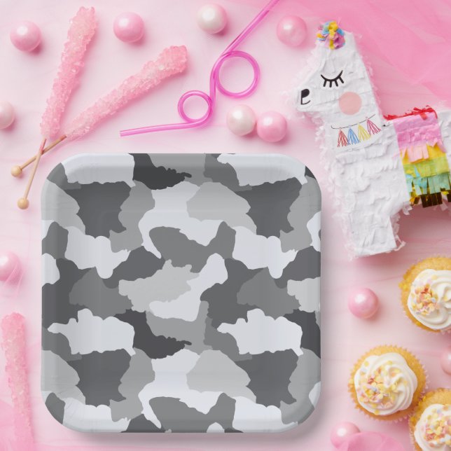 Snow Camo | White Grey Camouflage Paper Plate (Party)