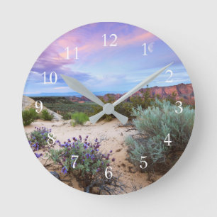 Snow Canyon Sunrise Wildflowers Landscape Photo Round Clock
