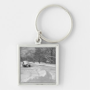 Snow capped car on street B&W Key Ring