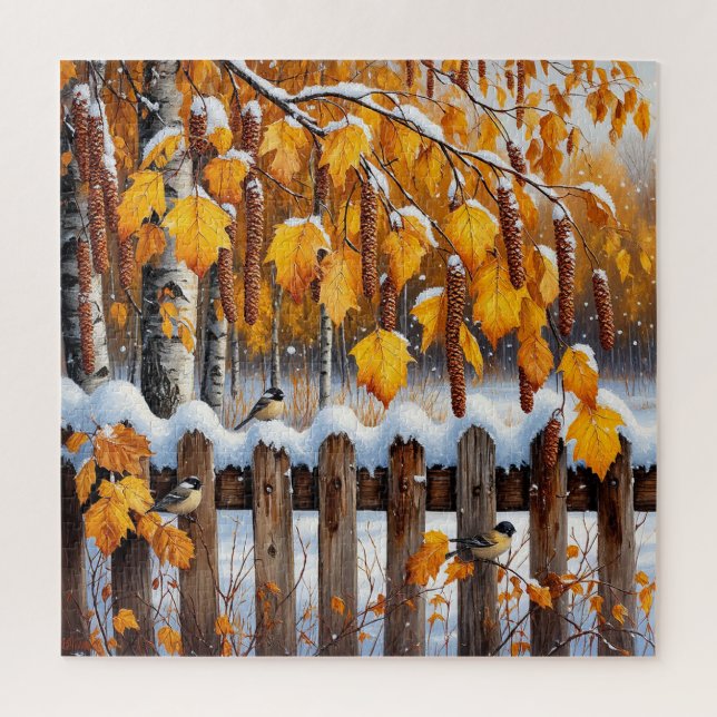 Snow-Capped Fence With Birds Jigsaw Puzzle (Vertical)