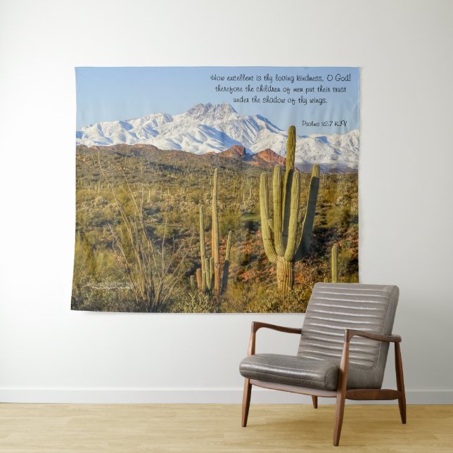 Snow Capped Four Peaks Mountain Saguaro Cactus Tapestry (In Situ (Horizontal))