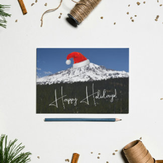 Snow Capped Mount Rainier with Santa Hat Holiday Card