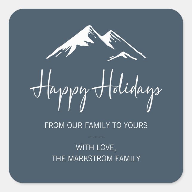 Snow Capped Mountain on Dark Blue Happy Holidays Square Sticker (Front)