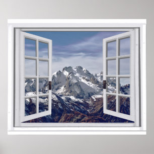 Snow Capped Mountain Peaks Faux Window Scene Poster