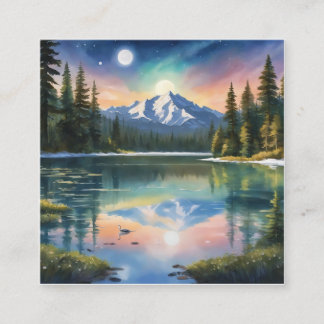 Snow-capped mountains and a clear lake. square business card