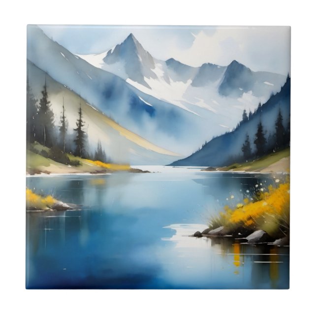 Snow capped mountains and a lake ceramic tile (Front)