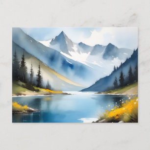 Snow capped mountains and a lake postcard