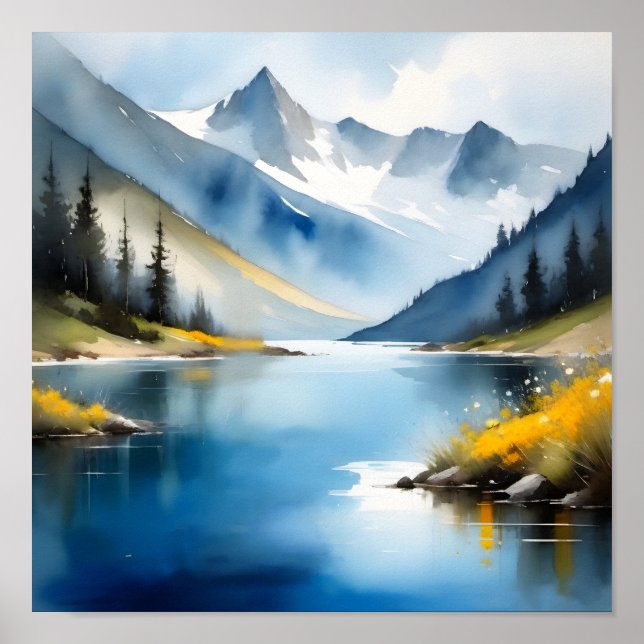 Snow capped mountains and a lake poster (Front)
