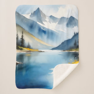 Snow capped mountains and a lake sherpa blanket