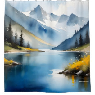 Snow capped mountains and a lake shower curtain