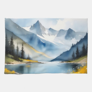 Snow capped mountains and a lake tea towel