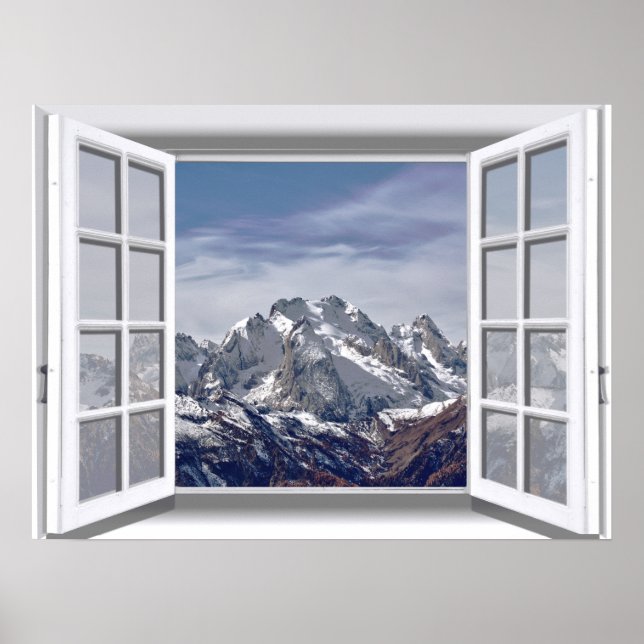 Snow Capped Mountains Fake Window 3D Poster (Front)