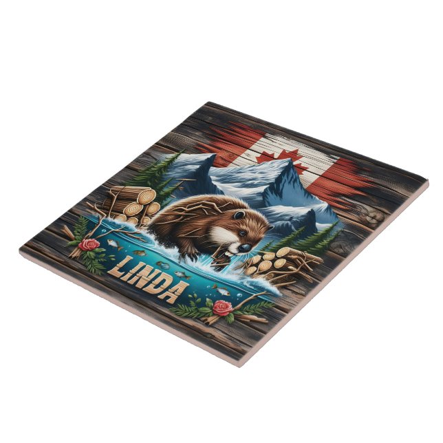 Snow-Capped Peaks and Canadian Beaver Ceramic Tile (Side)