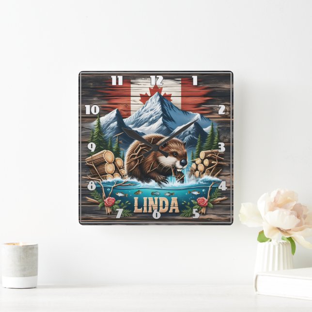 Snow-Capped Peaks and Canadian Beaver Square Wall Clock (Home)