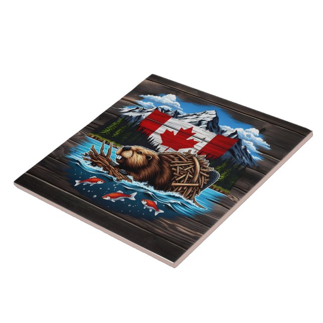 Snow-Capped Peaks, Canadian Beaver, Ocean Ceramic Tile (Side)
