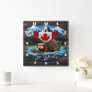 Snow-Capped Peaks, Canadian Beaver, Ocean Square Wall Clock