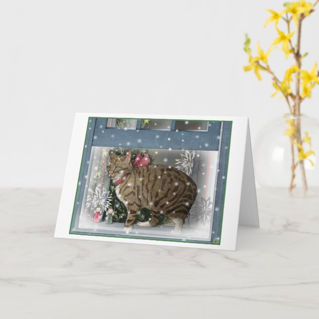 Snow Cat Christmas Card (Yellow Flower)