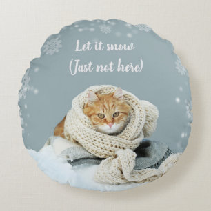 Snow Cat Round Throw Pillow