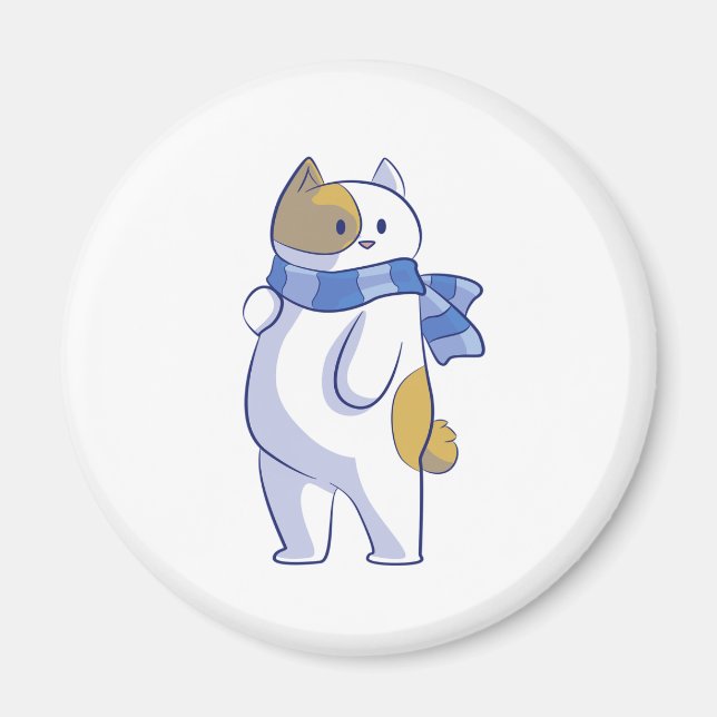 SNOW CAT WITH BLUE STRIPPED SCARF MAGNET (Front)