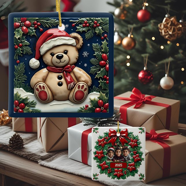 Snow Christmas Bear Customisable Ceramic Ornament (Creator Uploaded)