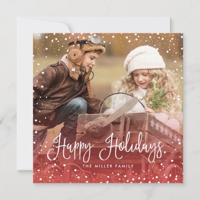 Snow Christmas Script Photo Square Holiday Card (Front)