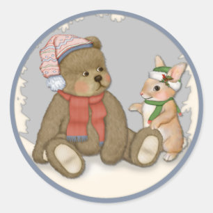 Snow Christmas Teddy and Bunny Classic Round Sticker