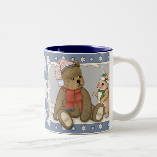 Snow Christmas Teddy and Bunny Two-Tone Coffee Mug (Right)