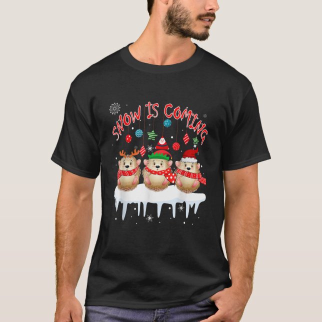 Snow Coming Christmas Three Santa Reindeer Elf Hed T-Shirt (Front)