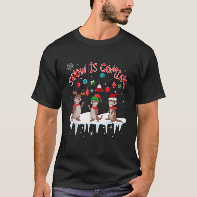 Snow Coming Christmas Three Santa Reindeer Elf Ott T-Shirt (Front)