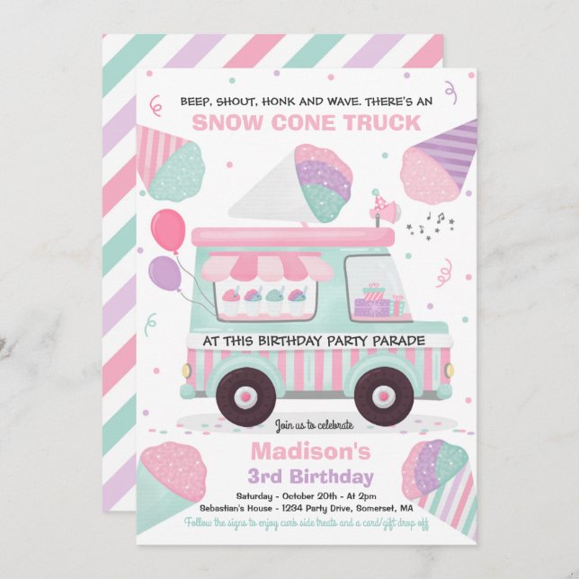 Snow Cone Birthday Party Drive By Birthday Parade Invitation (Front/Back)