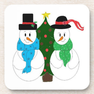 Snow Couple by the Christmas Tree Coaster