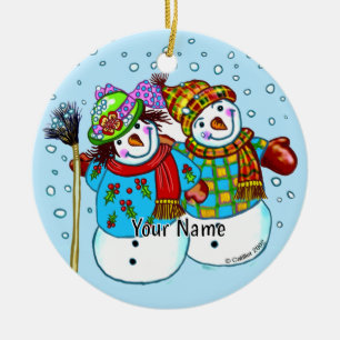 Snow Couple Snowman Ceramic Ornament