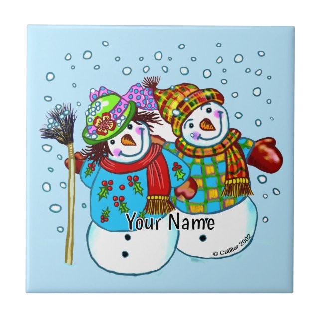 Snow Couple Snowman Ceramic Tile (Front)