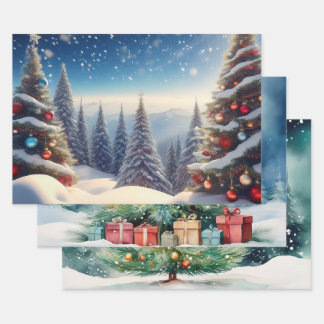 Snow Cover Christmas Trees in Woods Wrapping Paper Sheet